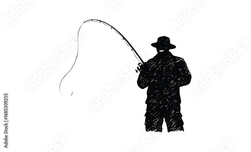 Silhouette of male angler with fishing rod and hat. Vector retro hand drawn illustration
