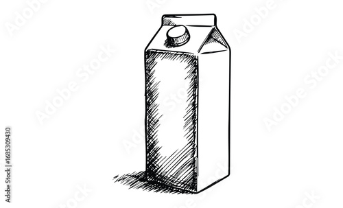 Sketched milk carton in black and white with screw cap. Vector retro hand drawn illustration