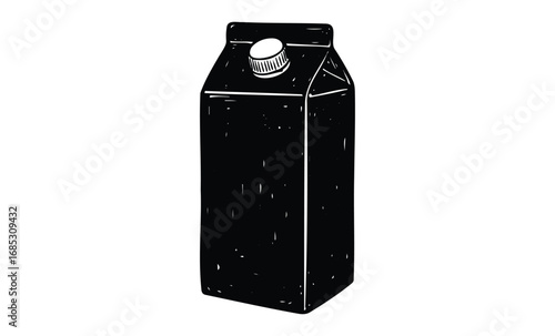 Black and white illustration of a milk carton with screw cap. Vector retro hand drawn illustration