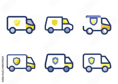 Set of security trucks with shields in various designs and styles