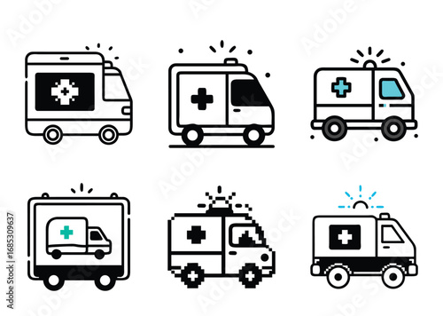 Set of six emergency ambulance service icon variations in vector format