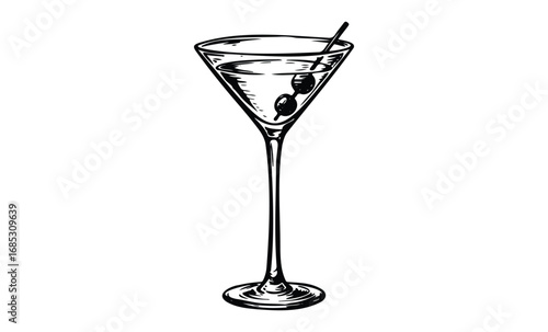 Monochrome martini glass with olives illustration. Vector retro hand drawn illustration