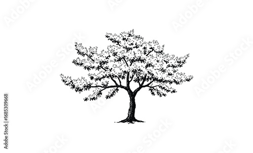 Black ink tree illustration. Vector retro hand drawn illustration