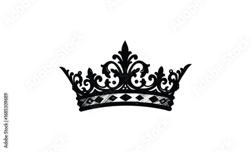 Elegant black ornate crown with intricate floral design. Vector retro hand drawn illustration