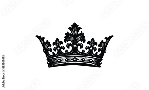 Ornate black crown with intricate floral design. Vector retro hand drawn illustration
