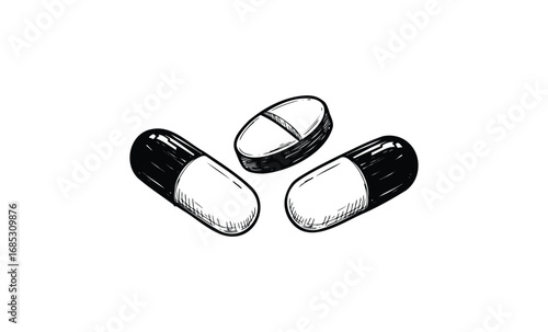 Black and white sketch of capsules and tablet medication concept. Vector retro hand drawn illustration