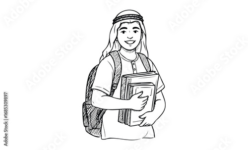 Young middle eastern male student with books and backpack illustration. Vector retro hand drawn illustration