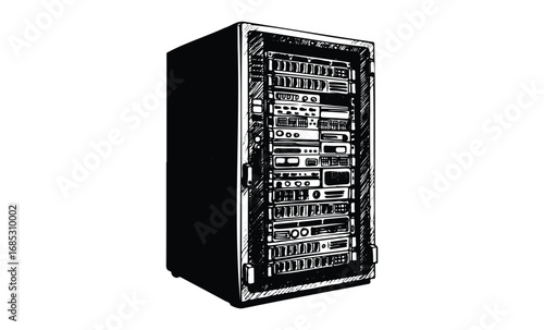 Black and white sketch of a server rack with network equipment. Vector retro hand drawn illustration