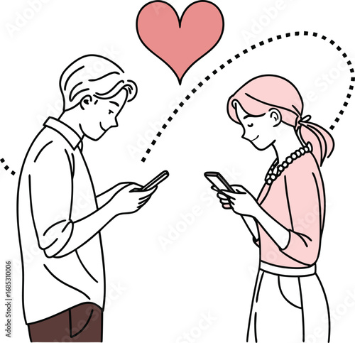 Print Couple communicating love through mobile phones with heart symbol