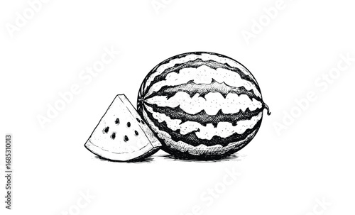 Detailed black and white drawing of whole and sliced watermelon with seeds. Vector retro hand drawn illustration