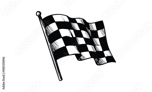 Black and white checkered racing flag waving on pole. Vector retro hand drawn illustration