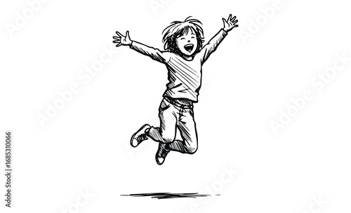 Energetic sketch of happy asian child jumping with joy. Vector retro hand drawn illustration