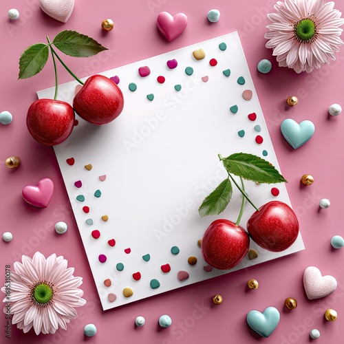 Fresh Red Cherries on Pink Background Surrounded by Colorful Heart Shapes and Decorative Flowers for Fun and Playful Culinary Designs
