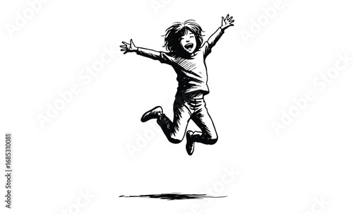 Energetic caucasian child jumping with joy. Vector retro hand drawn illustration