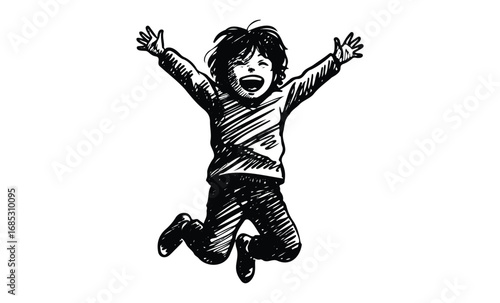 Joyful caucasian child leaping in excitement sketch. Vector retro hand drawn illustration