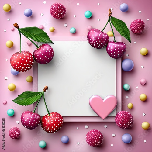 Vibrant Cherry Arrangement with Colorful Candies and Empty Frame on a Pink Background for Creative Designs and Romantic Themes