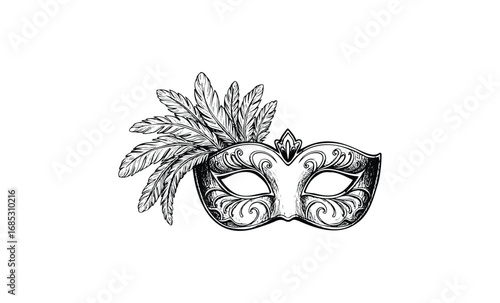 Ornate masquerade mask with intricate feather details in black and white drawing. Vector retro hand drawn illustration