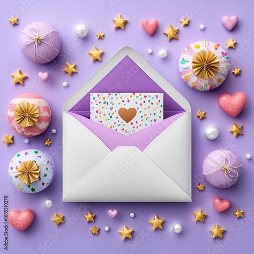 Colorful Envelope with Decorative Gifts and Hearts on a Purple Background for Celebration and Special Occasions
