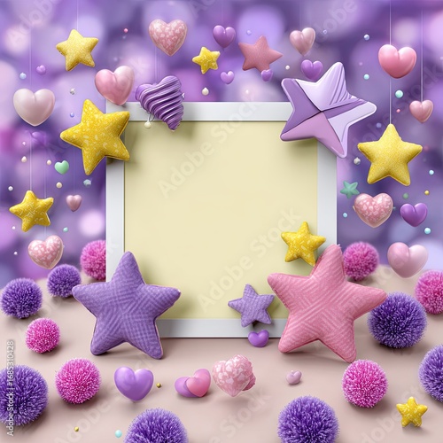 Colorful and Playful Background with Stars, Hearts, and Pom-Poms for Fun and Whimsical Designs in Purple and Pastel Shades