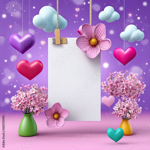 Colorful floral arrangement with heart shapes and blank white card on purple background for greeting, love, or celebration designs
