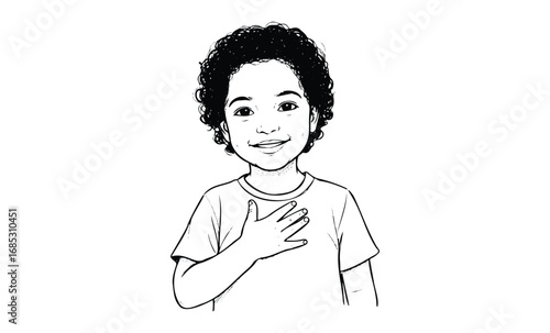 Smiling african child with curly hair in a t-shirt. Vector retro hand drawn illustration