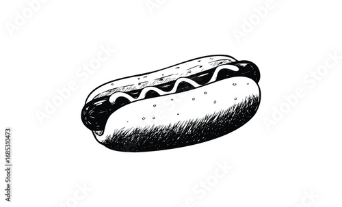 Hand-drawn hot dog with bun and mustard illustration in black and white. Vector retro hand drawn illustration
