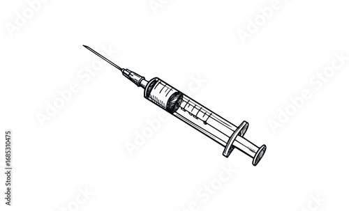 Detailed black and white syringe sketch medical illustration with measurement markings. Vector retro hand drawn illustration