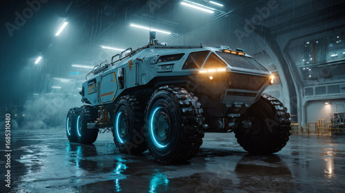 Futuristic Armored Vehicle with Illuminated Wheels inside a Dimly Lit Garage