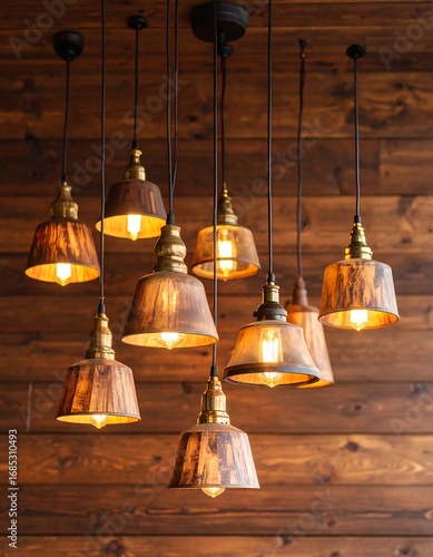 Wooden pendant lamps illuminate a rustic space
