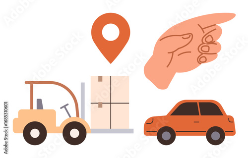 Forklift carrying boxes, car, location pin, and pointing hand gesture representing delivery, logistics, shipping, warehouse management, supply chain, navigation and coordination in a simple flat