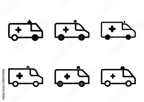 Stylized ambulance icon set in varied black and white designs