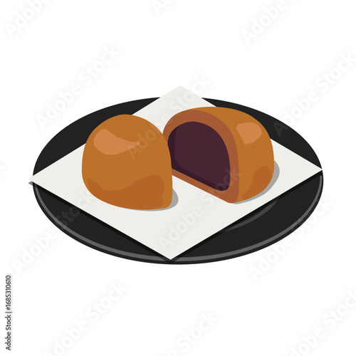 Brown manju with red bean paste filling on black round plate with white paper - flat vector illustration