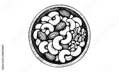 Hand-drawn bowl of mixed nuts with cashews, almonds, and walnuts. Vector retro hand drawn illustration