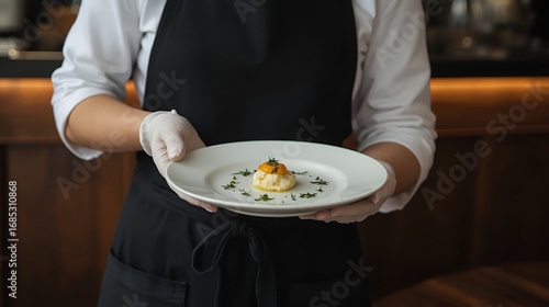 Chef Serving Elegant Gourmet Dish with Sea Urchin Topping