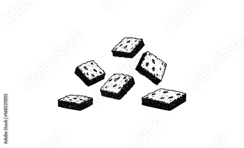 Black and white sketch of floating sponge cake slices. Vector retro hand drawn illustration