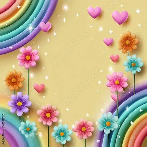 Colorful abstract background with layered curves, vibrant flowers and hearts creating a cheerful and playful atmosphere for design purposes