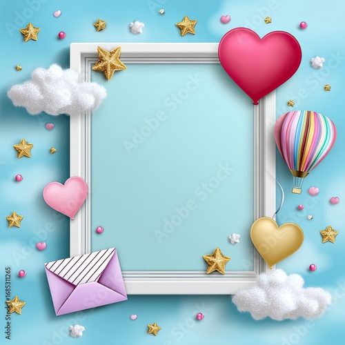 Colorful decorative frame with hearts, clouds, stars, balloons, and envelopes on a light blue background for celebration, love, or greeting card design