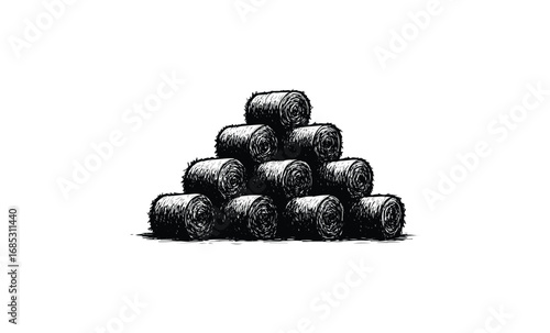 Pyramid of hay bales stacked in rustic farm arrangement. Vector retro hand drawn illustration