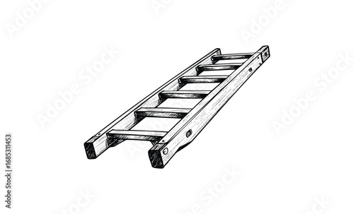Hand-drawn wooden ladder with detailed rungs and side rails. Vector retro hand drawn illustration