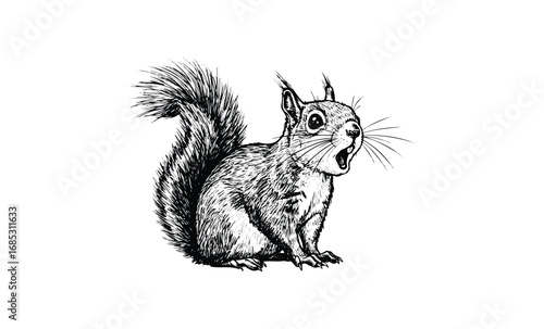 Detailed black and white sketch of a surprised squirrel with bushy tail. Vector retro hand drawn illustration