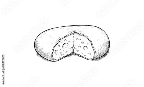 Hand drawn illustration of french cheese with wedge cut showing texture. Vector retro hand drawn illustration