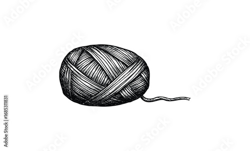 Black and white sketch of a ball of yarn. Vector retro hand drawn illustration