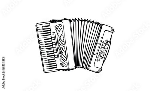 Detailed black and white drawing of a classic accordion instrument. Vector retro hand drawn illustration
