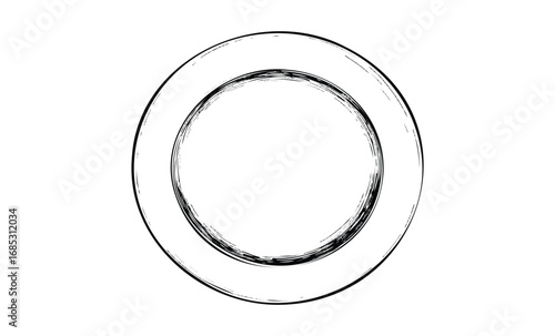 Simple black and white sketch of a circular plate. Vector retro hand drawn illustration