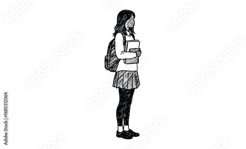 Sketch of young asian female student with books and backpack. Vector retro hand drawn illustration