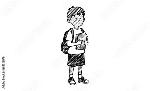 Sad young caucasian male child carrying books with backpack illustration. Vector retro hand drawn illustration