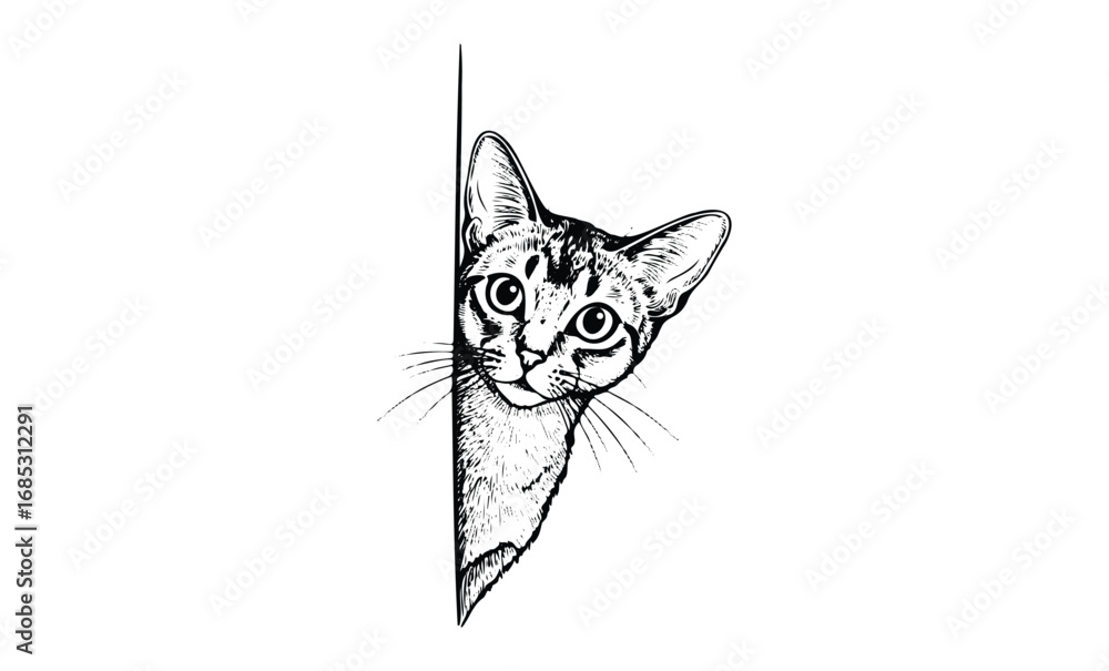 Obraz premium Curious cat peeking around corner in black and white illustration. Vector retro hand drawn illustration
