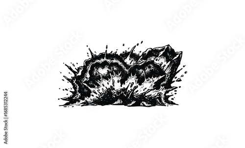 Monochrome explosion sketch with dynamic splash and rock debris. Vector retro hand drawn illustration