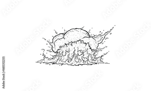 Black and white explosion art with splash effect. Vector retro hand drawn illustration