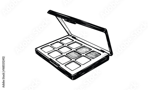 Monochrome eyeshadow palette illustration with open compact displaying color blocks. Vector retro hand drawn illustration